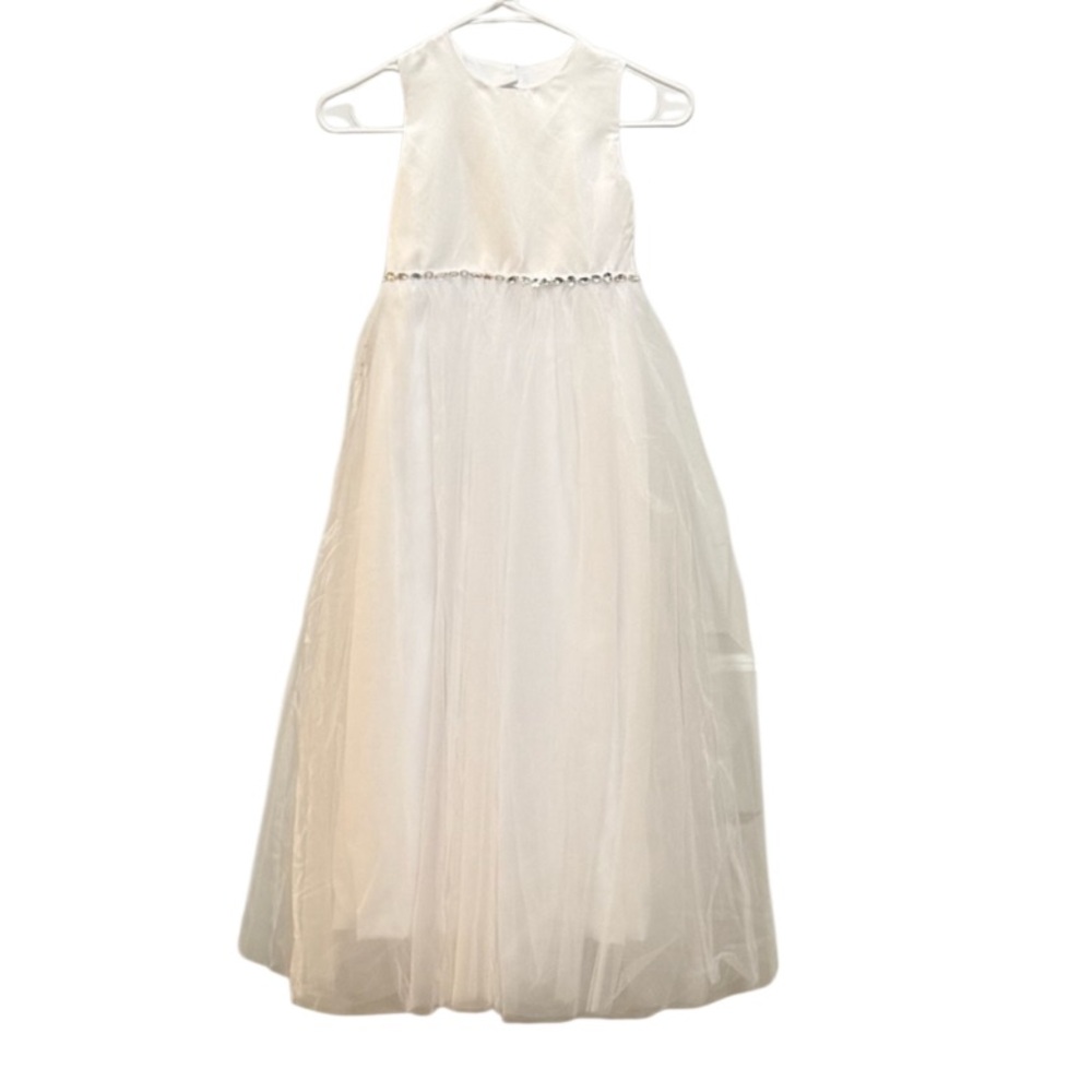 Girls White Sleeveless Tulle Formal Dress with Rhinestone Waist